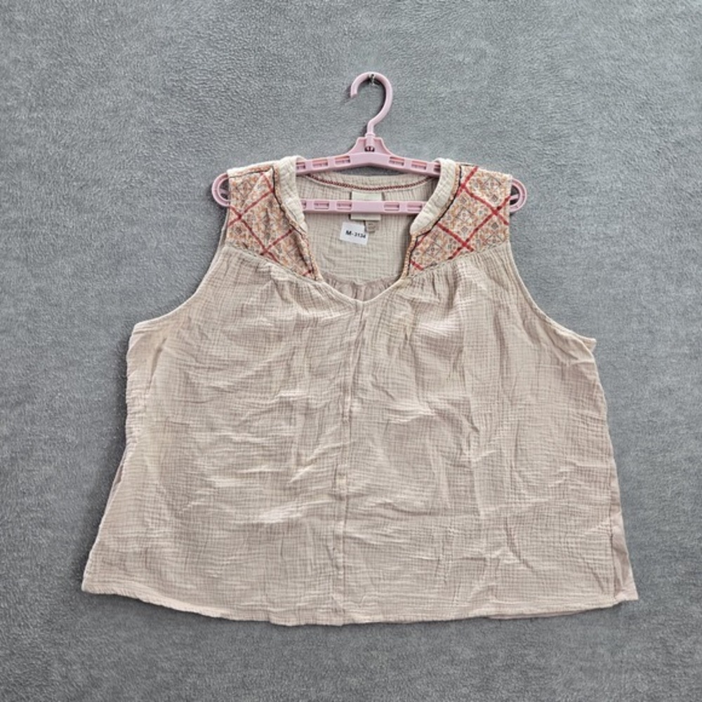 Knox Rose Women Blouse XL Beige Boho Embroidered V-Neck Pullover‎